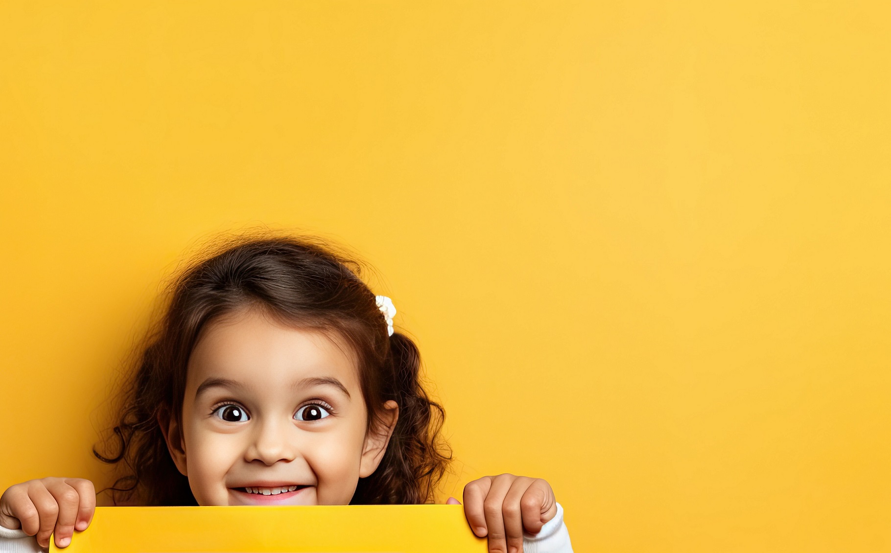 Child smiling behind yellow paper for advertisement ایده کادو تولد کودک و هدیه خاص برای بچهها